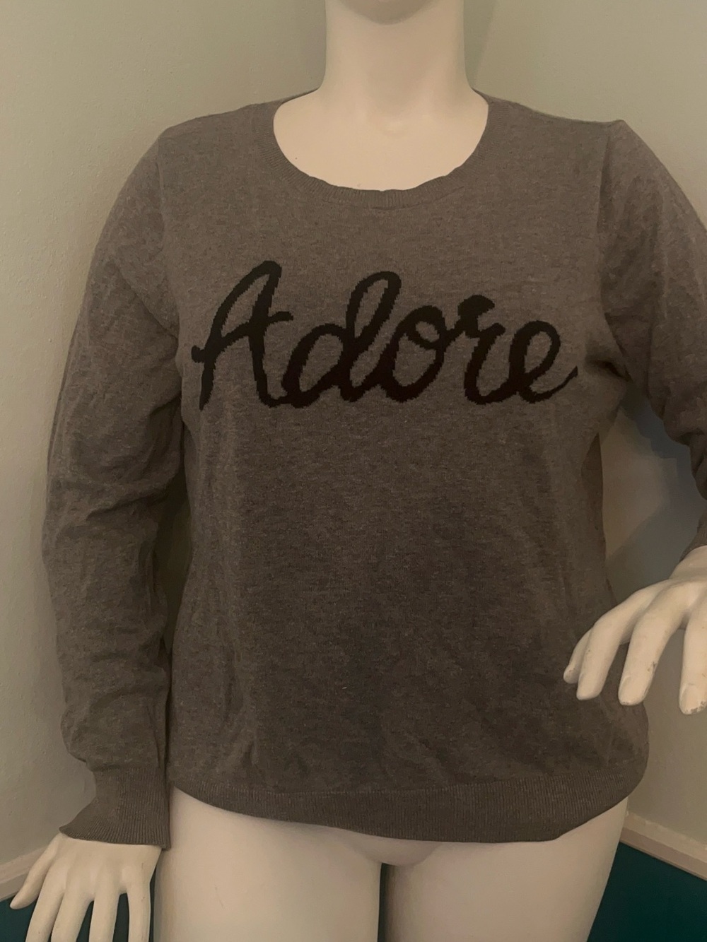 Old Navy Gray Crewneck Sweater with Black "Adore" Script